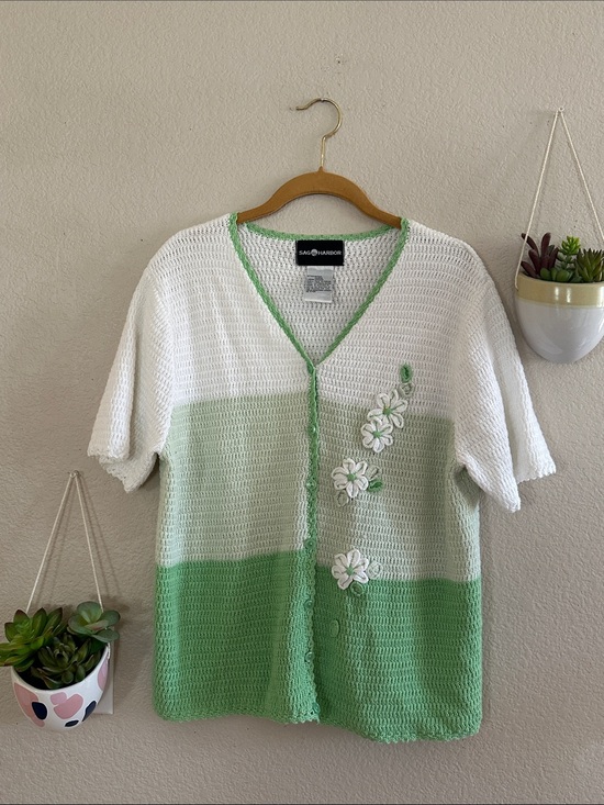 Sag Harbor Sweaters - Vintage 90s Sag Harbor White and Green Crochet Knit Cardigan Button